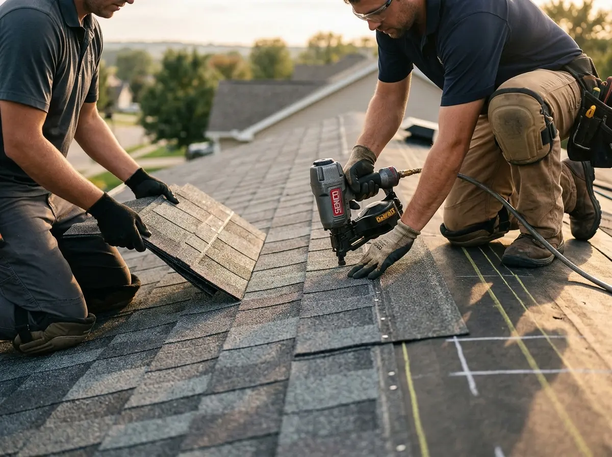 Professional roofer working on a residential roof in Duanesburg